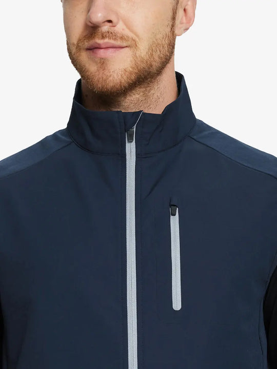 showcasing the navy windproof golf vest, emphasizing its stylish design and practical features.