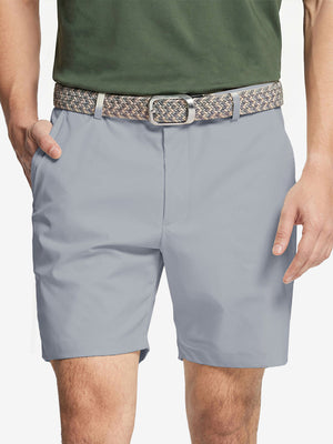 Front waist to knee view of grey water resistant golf 7 inch shorts, clean athletic fit.