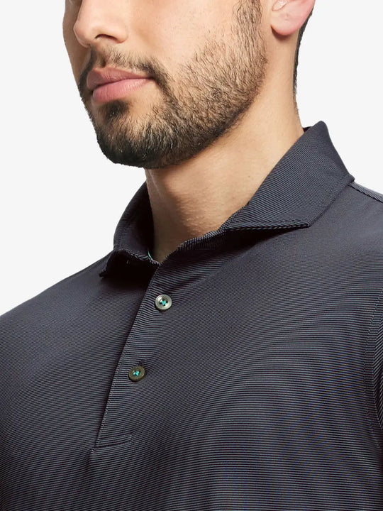 Black Stripe Pinstripe Jersey Performance Polo front view from nose to chest								
