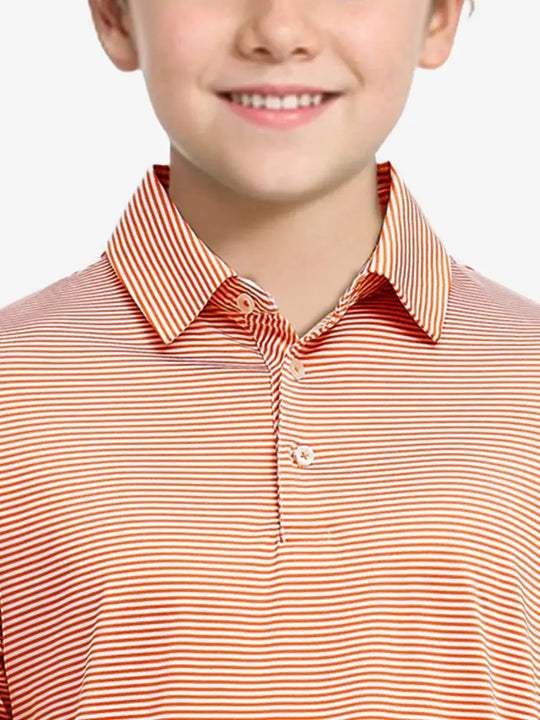 MAELREG Youth Cooling Polo – front upper-body close-up in Orange Stripe