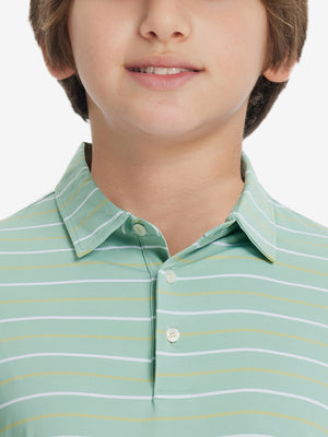 Front upper collar view of kids stylish stripe polo shirts, neat placket in light green stripe tone