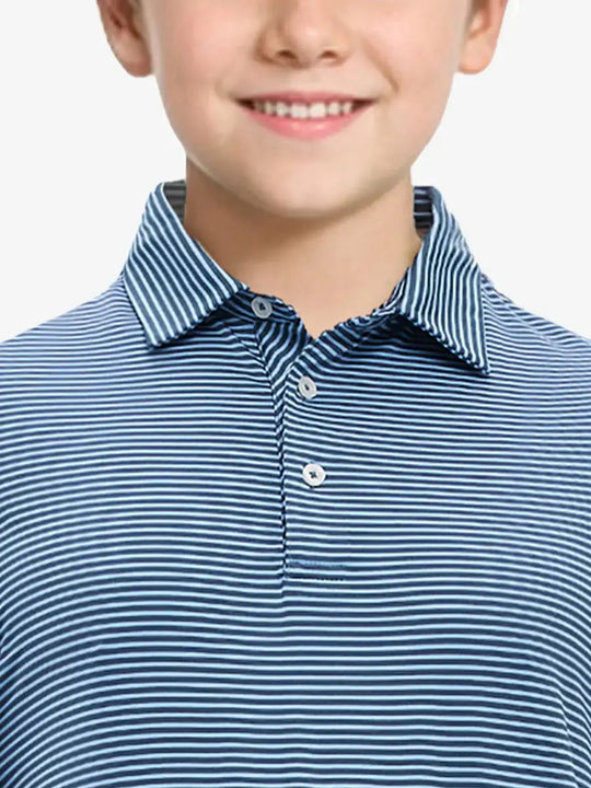 MAELREG Youth Cooling Polo – front upper-body close-up in Blue Denim Stripe