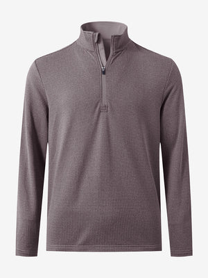 Front 3D view of casual fleece lined quarter zip pullover in drak red, showing clean athletic fit.