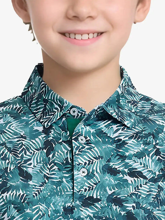 Crisp nose-to-chest front shot of DARK GREEN LEAF polo, fresh and bold on the course