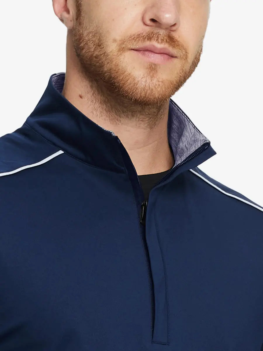 Front half-body view from nose down of model wearing NAVY Stretch Solid Fleece Quarter-Zip Vest.								

