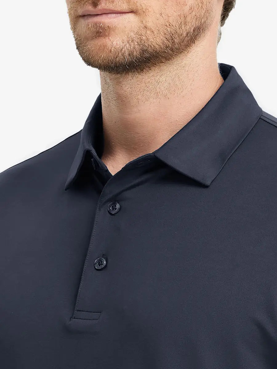 Close-up front (nose to chest) of Everyday Solid Jersey Polo in DARK GREY, showing fabric weave details.