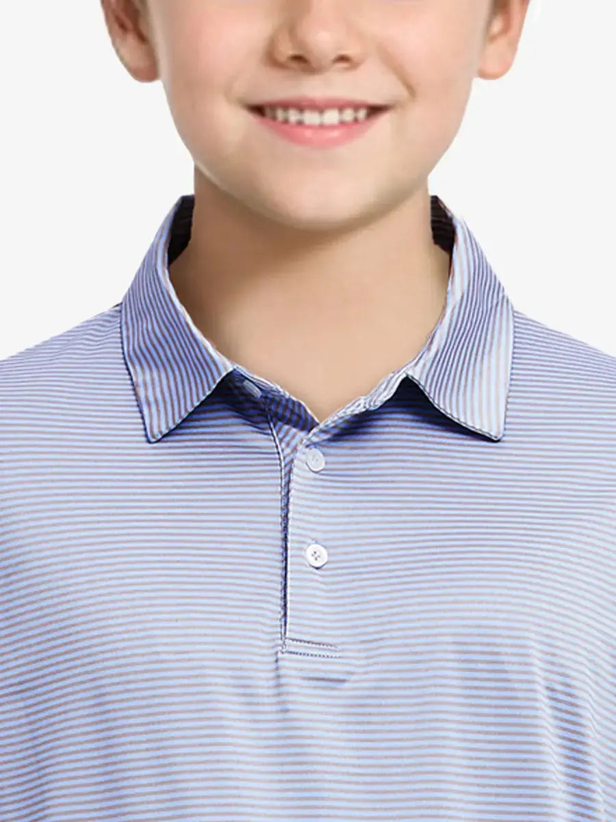 MAELREG Youth Cooling Polo – front upper-body close-up in BluishYellow Stripe