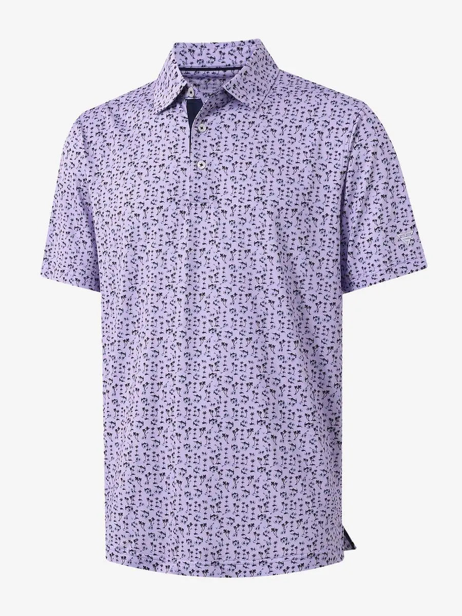 3D view of MAELREG Performance Jersey Print Polo in Lavender Seaside Palm – breathable golf fabric