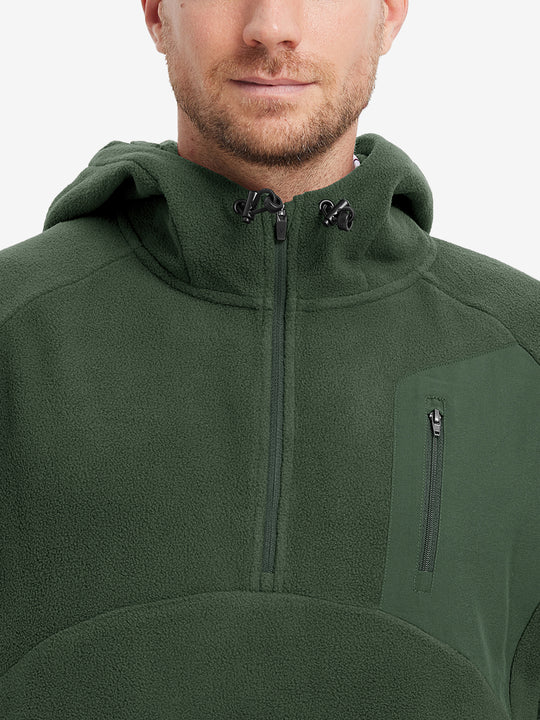 Collar detail from nose to chest, showing texture and zipper finish of the Olive Green fleece top.