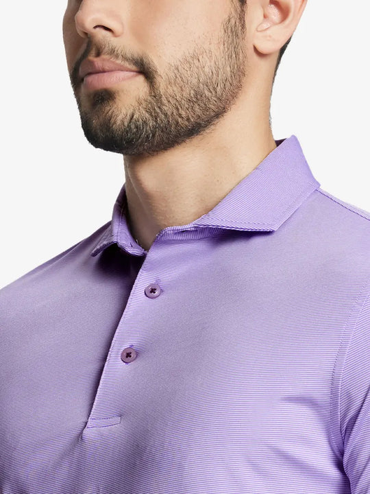LAVENDER WHITE STRIPE Pinstripe Jersey Performance Polo front view from nose to chest								
