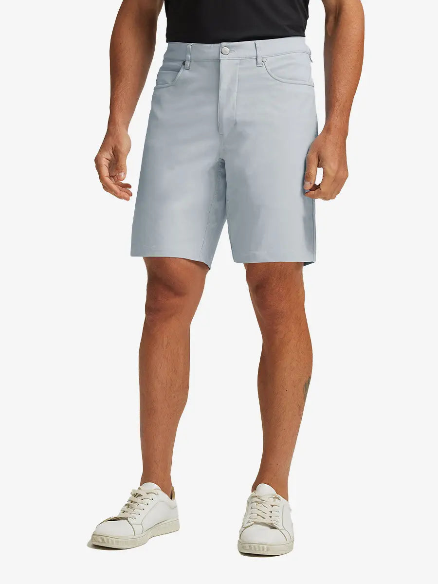 GLACIER GREY 4-way Stretch Performance Solid Shorts, golfer front lower body with club, 9 Inch view
