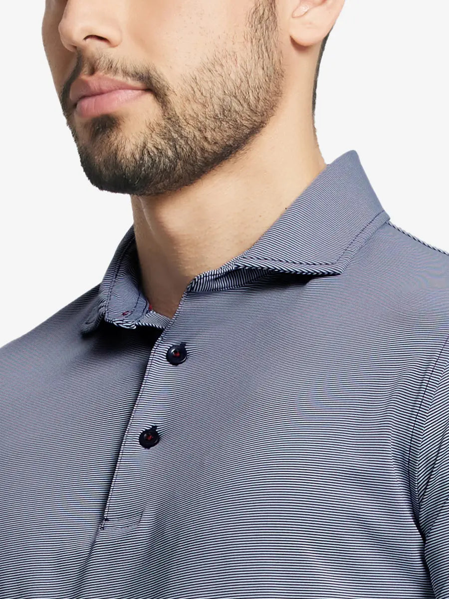 NAVY STRIPE Pinstripe Jersey Performance Polo front view from nose to chest								
