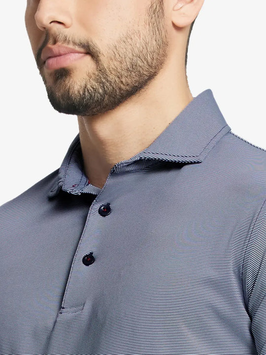 NAVY STRIPE Pinstripe Jersey Performance Polo front view from nose to chest								
