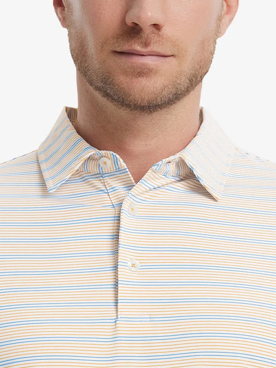 Orange Blue Stripe Performance Stripe Golf Shirt – close-up front from model’s nose to chest