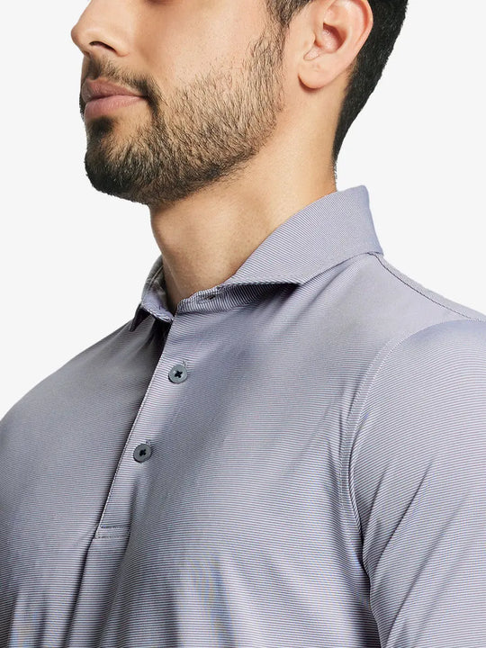 GREY WHITE STRIPE Pinstripe Jersey Performance Polo front view from nose to chest								
