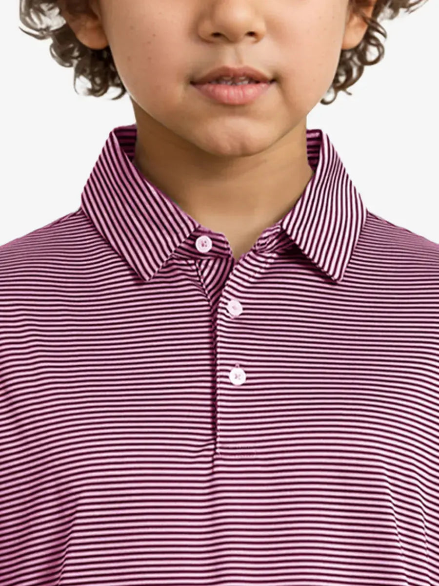 MAELREG Youth Cooling Polo – front upper-body close-up in Pink Blue Stripe