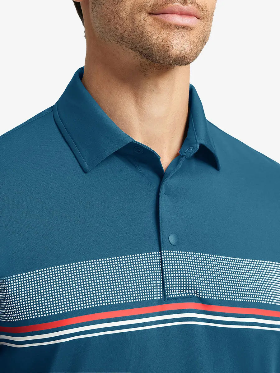 Front half-body view from nose to chest of model wearing BLUE Stylish Chest Print Snap Polo