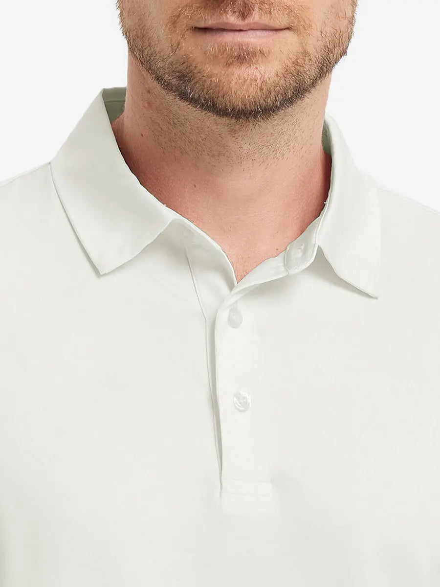 Close-up front (nose to chest) of Everyday Solid Jersey Polo in CREAM, revealing soft fabric texture.