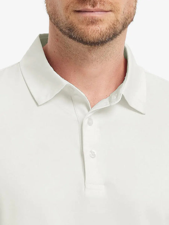 Close-up front (nose to chest) of Everyday Solid Jersey Polo in CREAM, revealing soft fabric texture.
