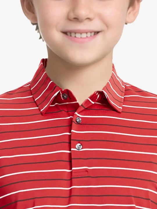 Front half-body view from nose to chest of child wearing RED STRIPE Kids Stylish Stripe Polo Shirt.