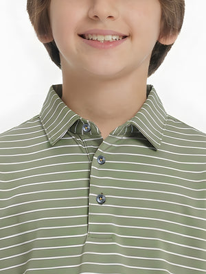 Front collar upper body of youth performance golf polos, clean neckline and light green/white stripe detail