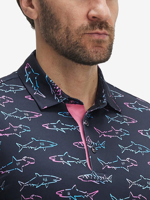 Front view from nose to chest of model wearing the ombre shark 4 way stretch print collared polo shirt, showcasing the upper fit