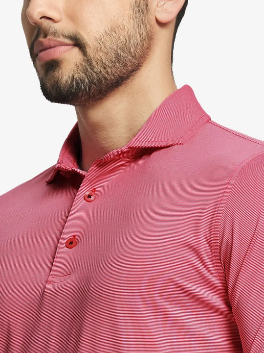 ORANGE PURPLE STRIPE Pinstripe Jersey Performance Polo front view from nose to chest								
