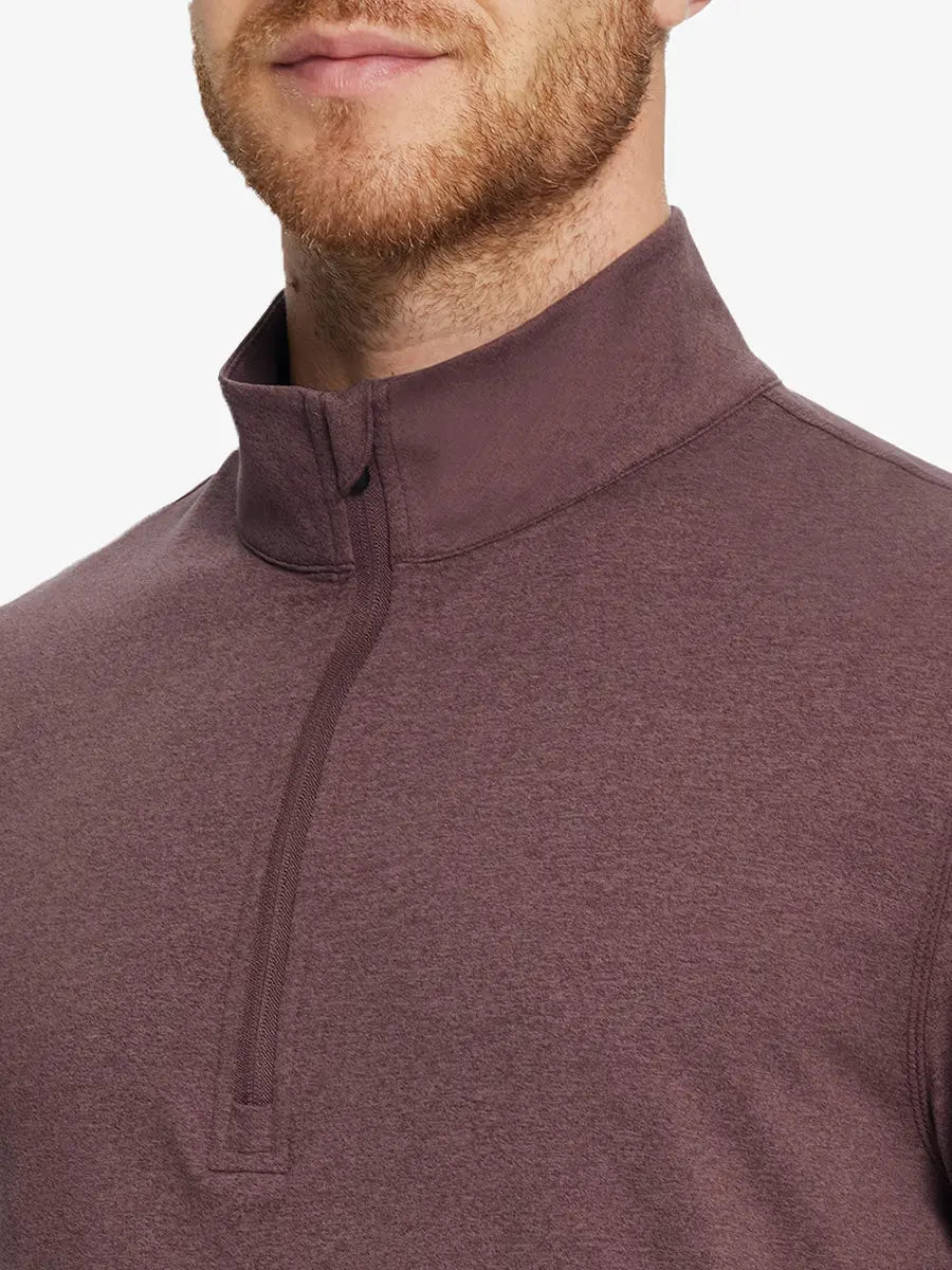 Front close-up from nose to chest, BRICK HEATHER Quarter Zip Melange Pullover with soft textured fabric.