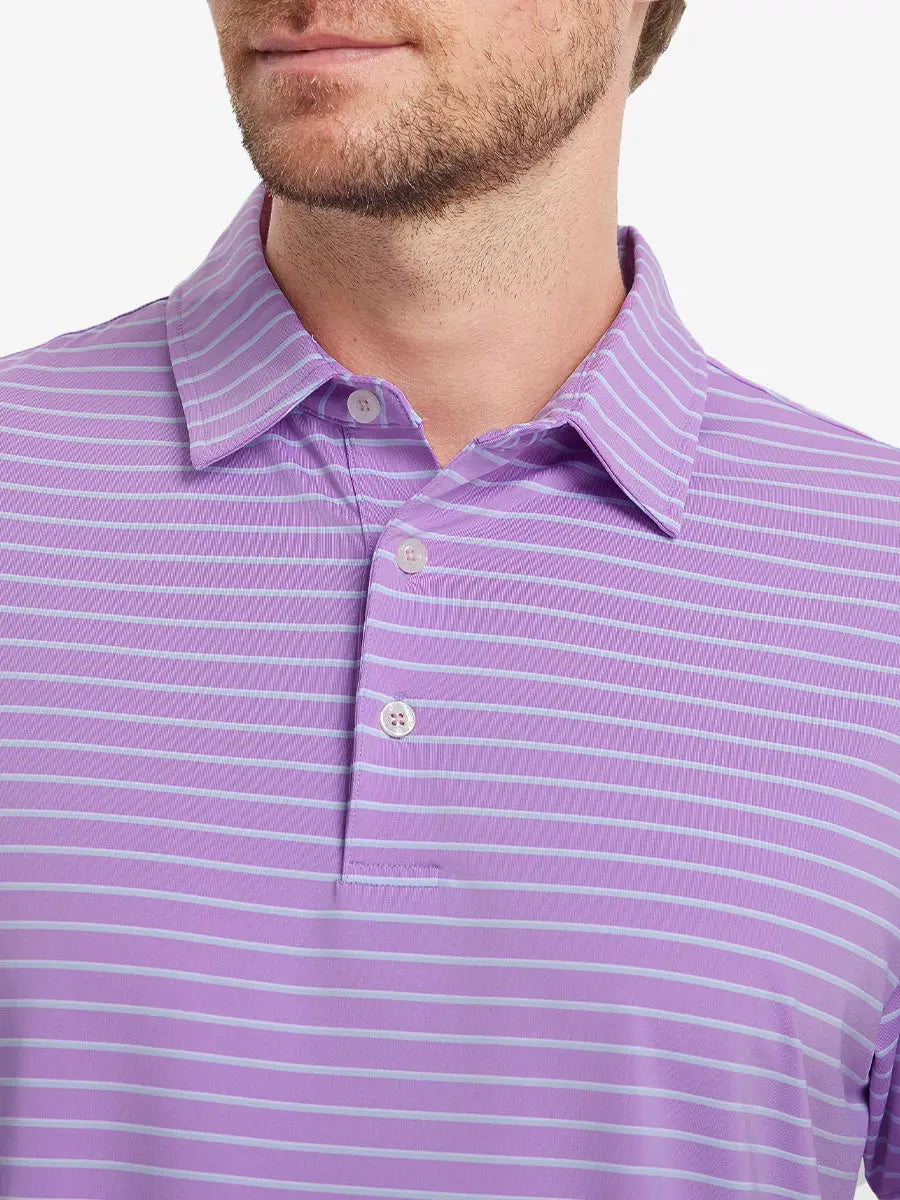 Front chest close-up of LILAC/LIGHT BLUE STRIPE Polo showing soft yarn-dyed stripes