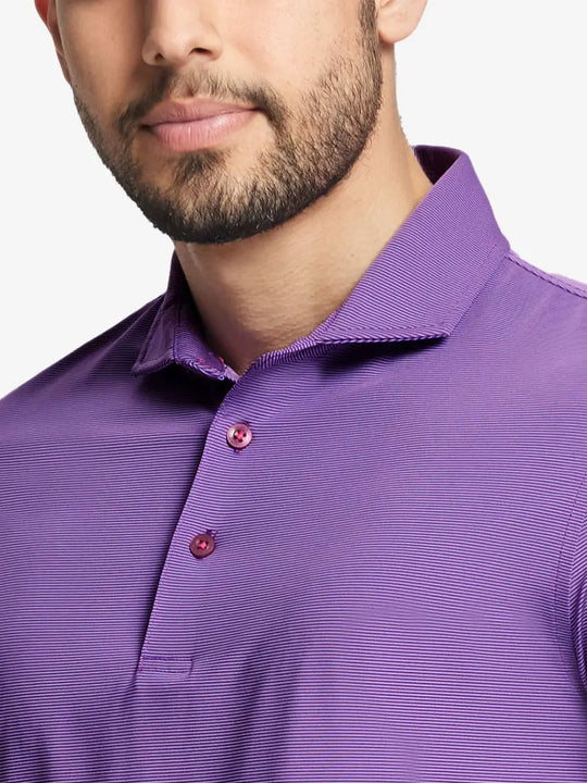 LILAC STRIPE Pinstripe Jersey Performance Polo front view from nose to chest								
