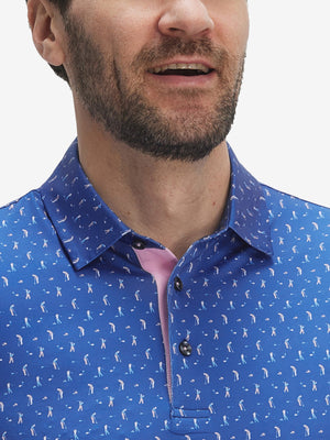 Front view from nose to chest of model wearing the blue golf swing 4 way stretch print collared polo shirt, showcasing the upper fit