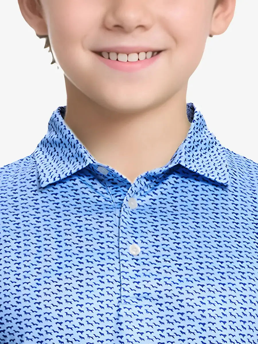 Confident front shot from nose to chest of boy in BLUEJAY NAVY DOGS golf polo
