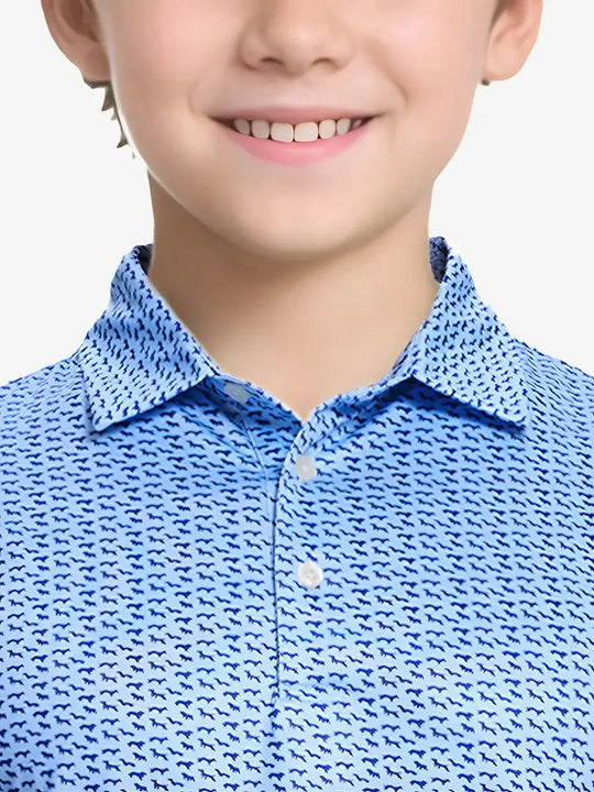 Confident front shot from nose to chest of boy in BLUEJAY NAVY DOGS golf polo