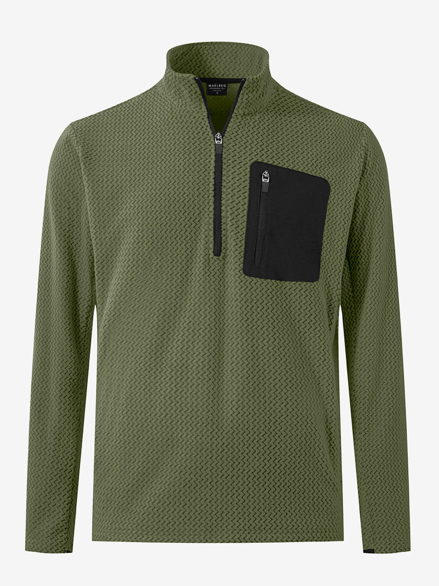 3D front view of midweight warm stretchy quarter zip pullover in green, simple and sleek look.