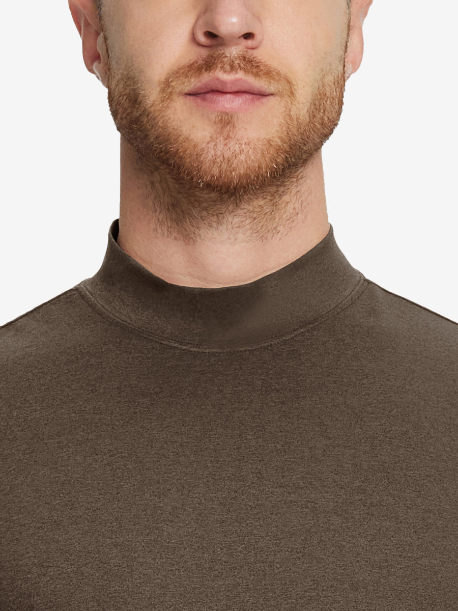 Close-up collar view from nose to chest, showing fine fabric texture of the Brown turtleneck.