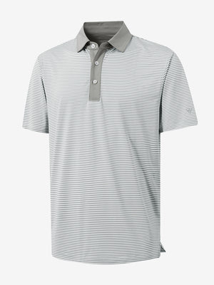 3D view of grey white stripe upgraded two-tone striped quick dry polo shirt.