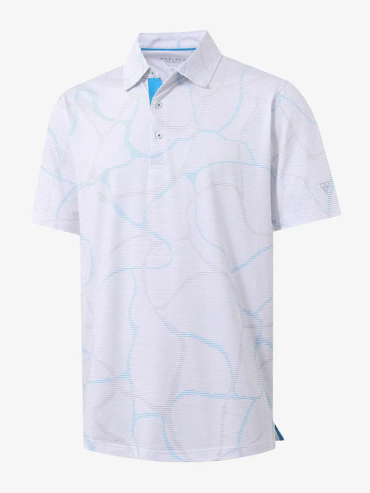 3D view of MAELREG Performance Jersey Print Polo in Abstract Stripe – breathable golf fabric