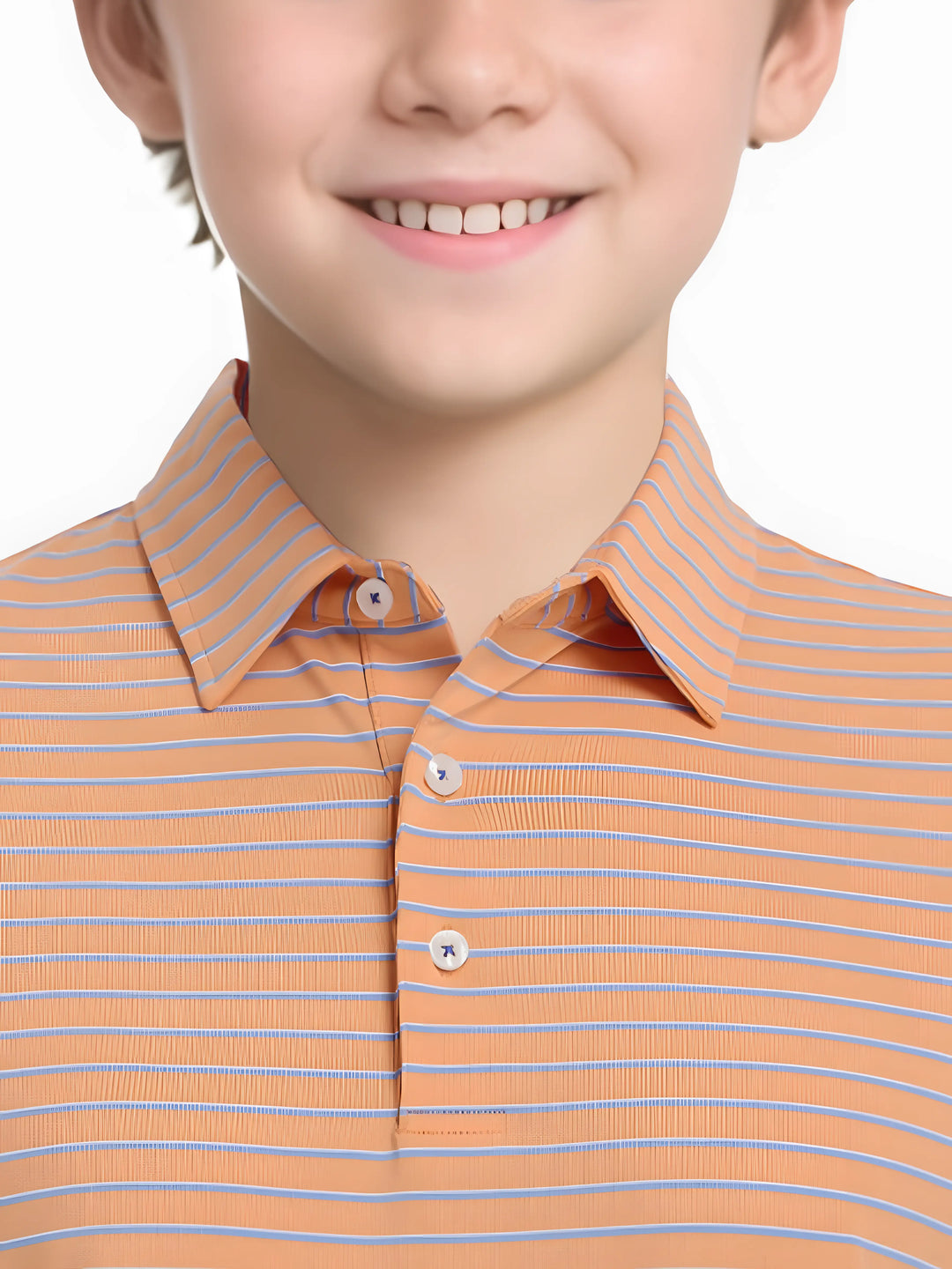 Front half-body view from nose to chest of model wearing ORANGE/SKY BLUE STRIPE Youth Performance Golf Polo.