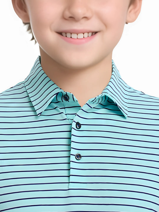 Front half-body view from nose to chest of model wearing TURQUOISE/NAVY STRIPE Youth Performance Golf Polo.