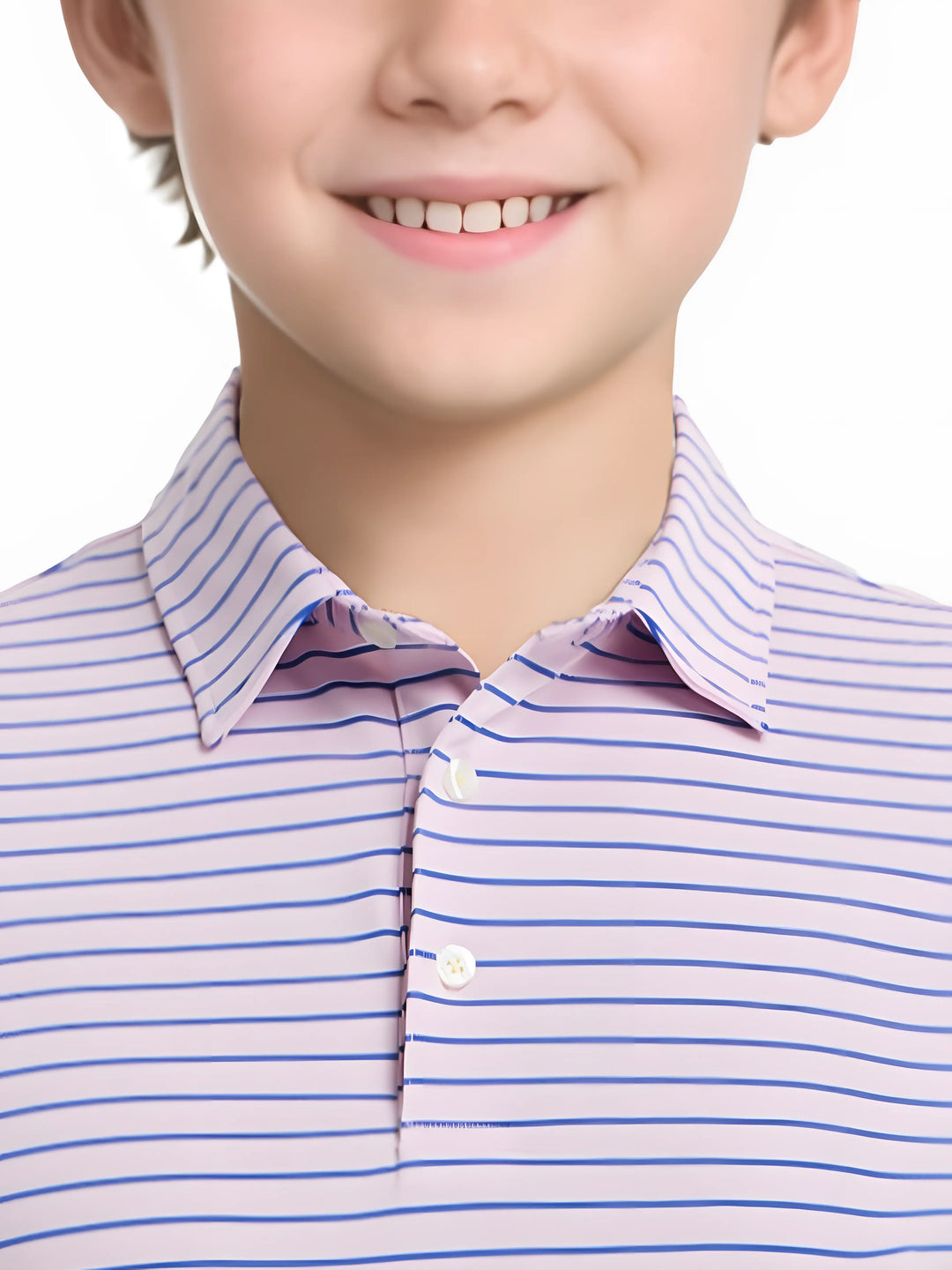 Front half-body view from nose to chest of model wearing LIGHT PINK/COBALT STRIPE Youth Performance Golf Polo.