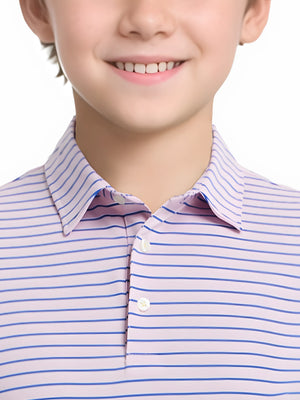 Front half-body view from nose to chest of model wearing LIGHT PINK/COBALT STRIPE Youth Performance Golf Polo.