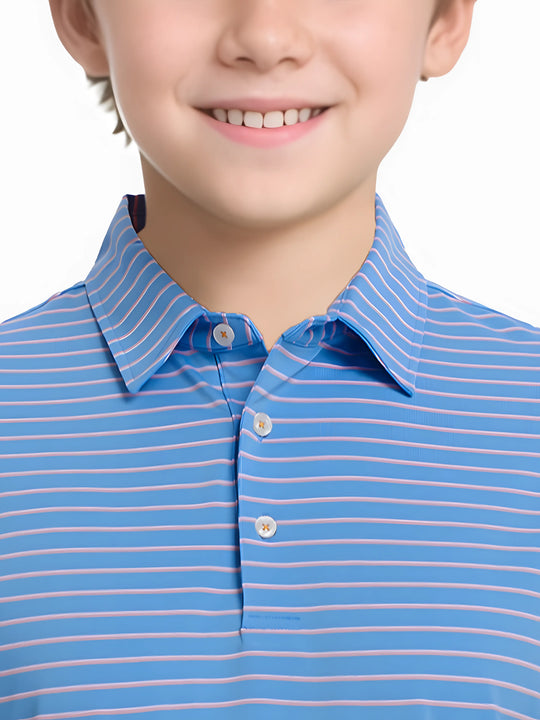 Front half-body view from nose to chest of model wearing SKY BLUE/PINK STRIPE Youth Performance Golf Polo.