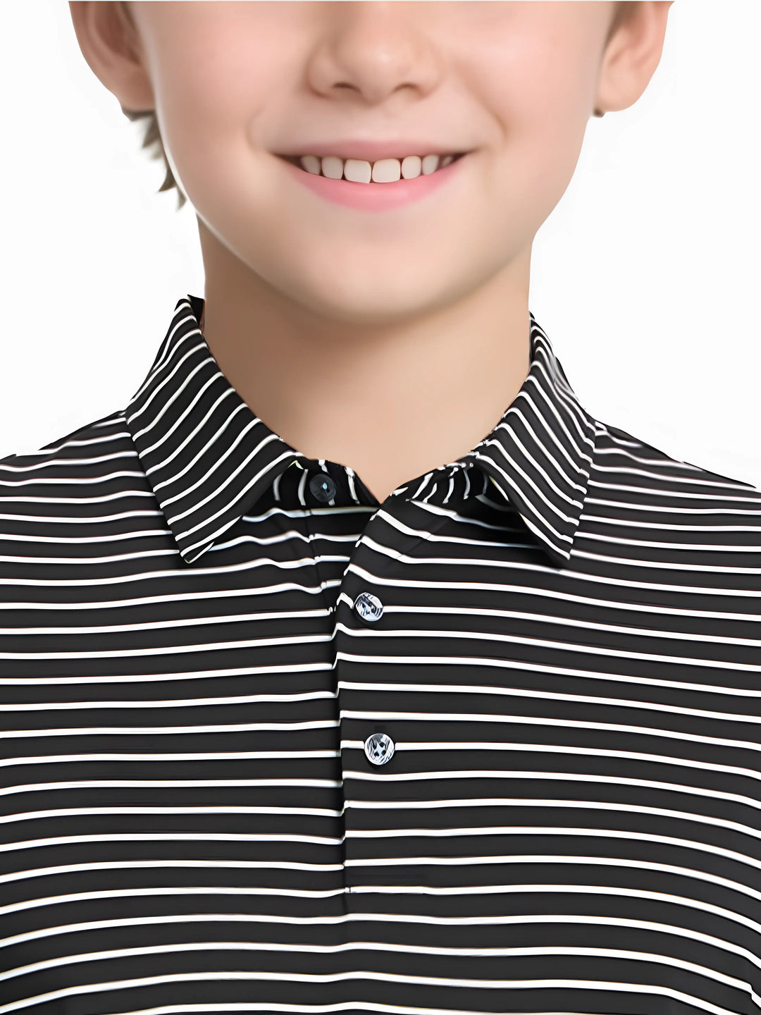 Front half-body view from nose to chest of model wearing BLACK/WHITE STRIPE Youth Performance Golf Polo.