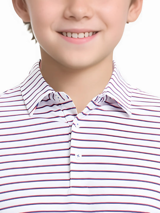 Front half-body view from nose to chest of model wearing WHITE/NAVY STRIPE Youth Performance Golf Polo.