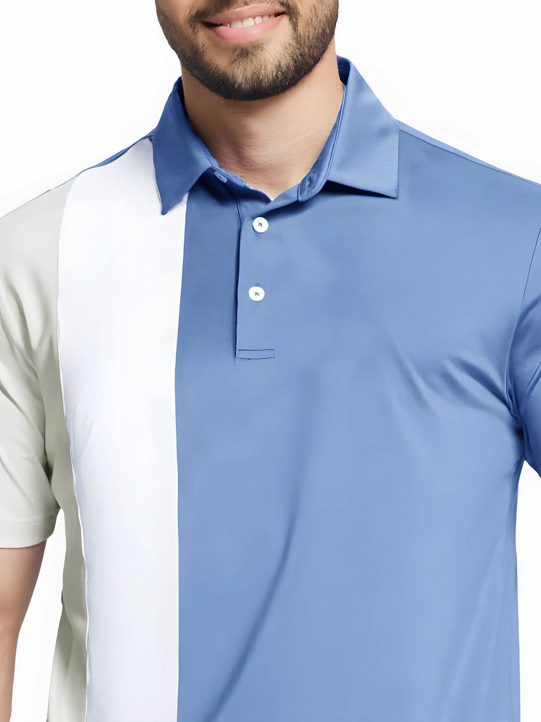 Front half-body view from nose to chest of model wearing LIGHT BLUE Moisture Wicking Color Block Polo Shirt.
