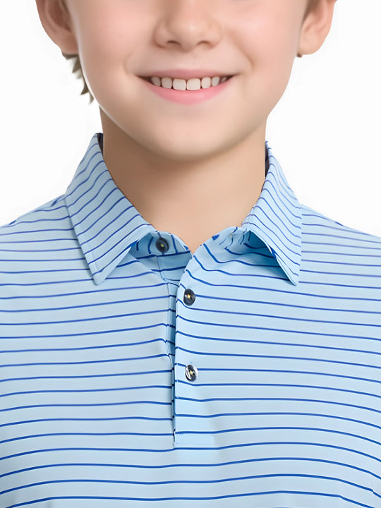 Front half-body view from nose to chest of model wearing LIGHT BLUE/COBALT STRIPE Youth Performance Golf Polo.