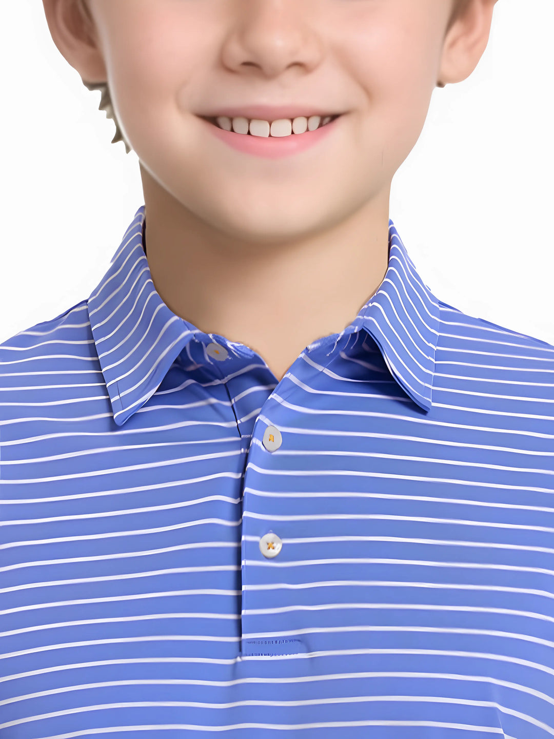 Front half-body view from nose to chest of model wearing BLUISH BLUE/WHITE STRIPE Youth Performance Golf Polo.