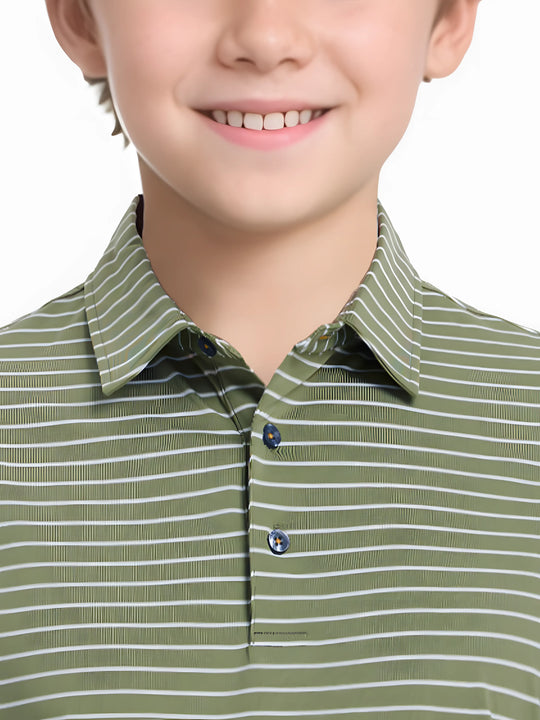 Front half-body view from nose to chest of model wearing LIGHT GREEN/WHITE STRIPE Youth Performance Golf Polo.