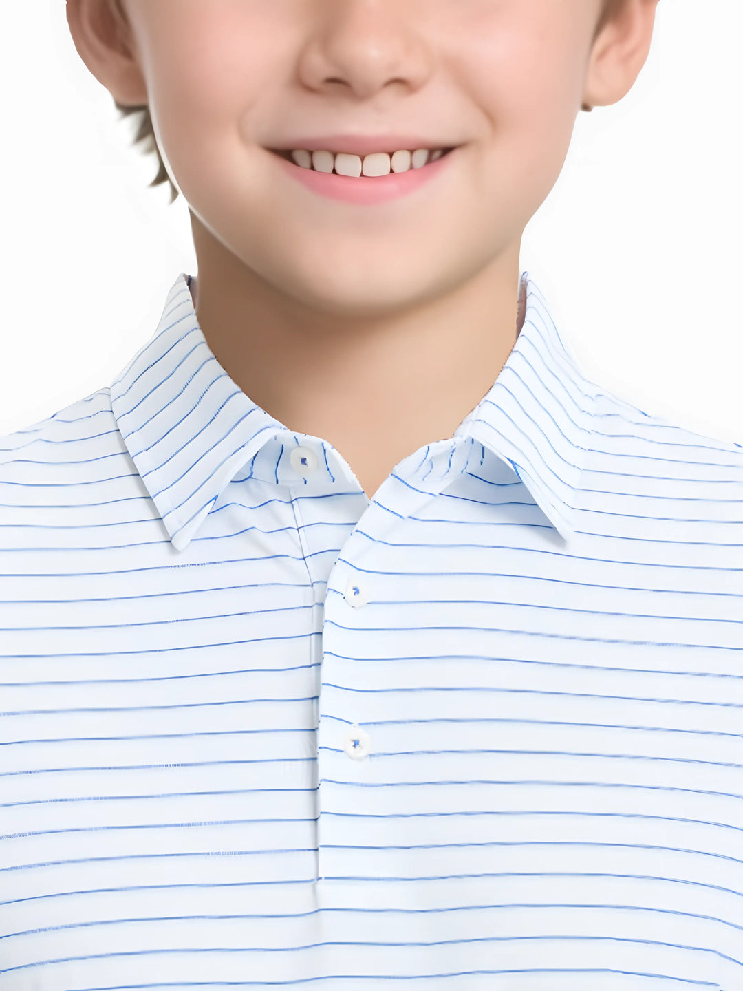 Front half-body view from nose to chest of model wearing WHITE/LIGHT BLUE STRIPE Youth Performance Golf Polo.