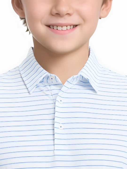 Front half-body view from nose to chest of model wearing WHITE/LIGHT BLUE STRIPE Youth Performance Golf Polo.